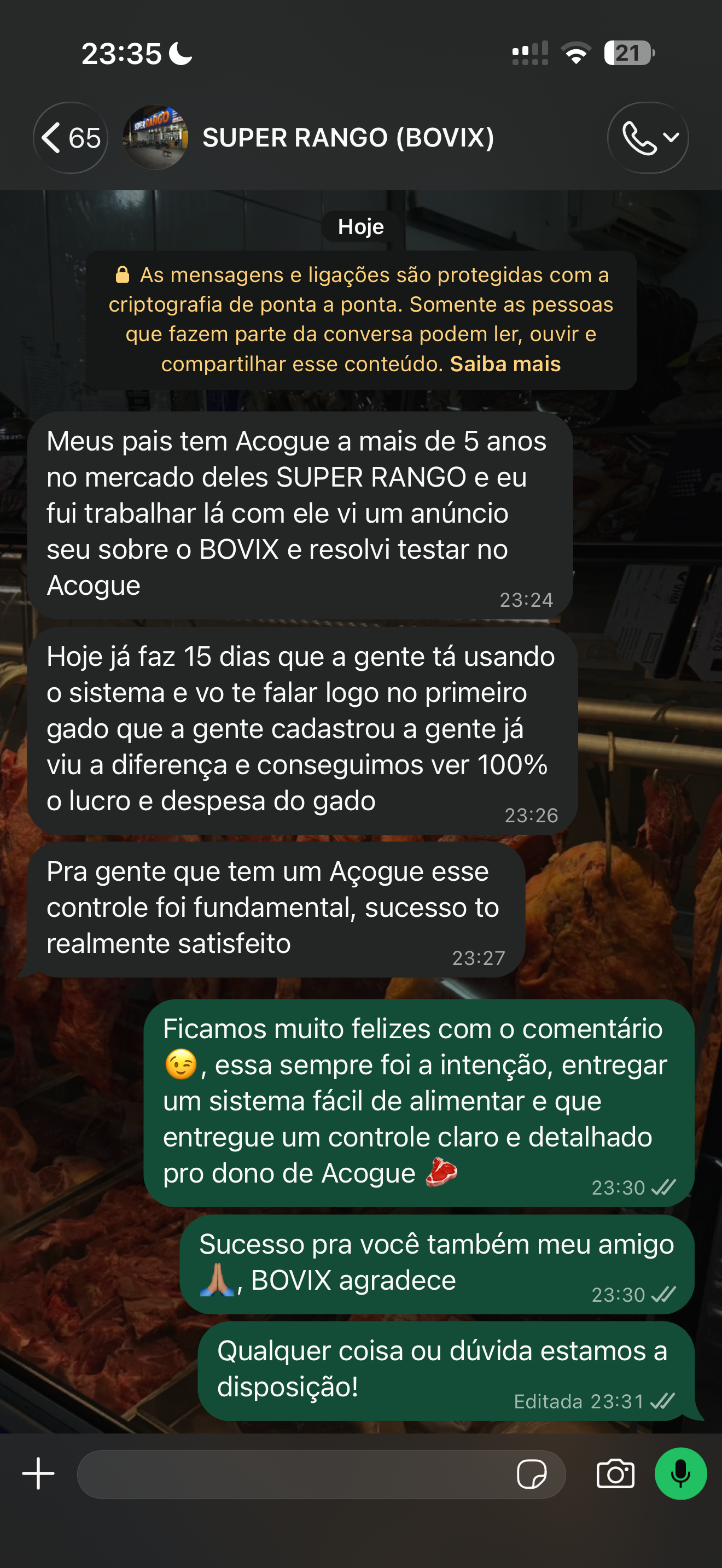 Conversa no WhatsApp com o Super Rango: o cliente relata que o BOVIX ajudou a enxergar lucro e despesas do gado e considera o controle fundamental para seu açougue.