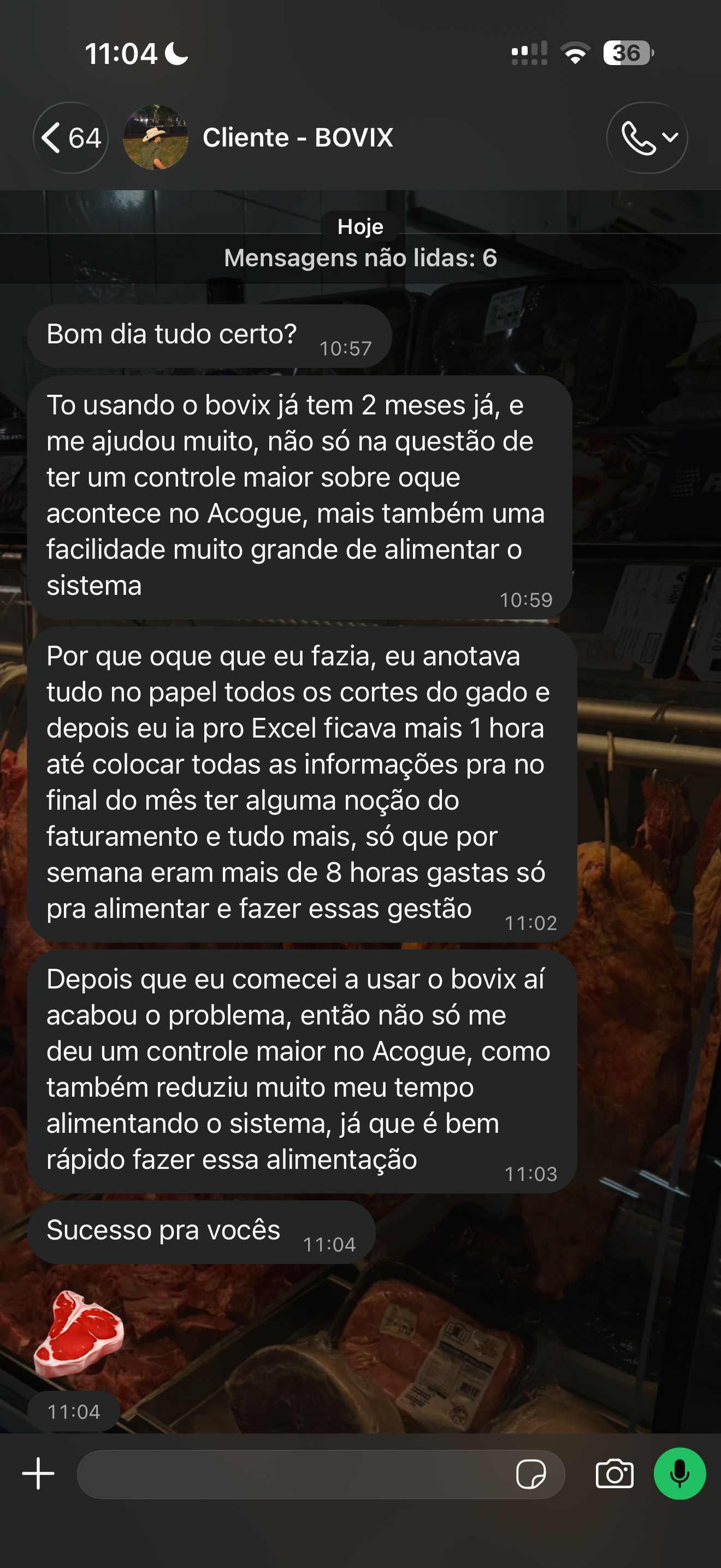 Conversa no WhatsApp com um cliente BOVIX: ele relata que trocou anotações em papel e Excel pelo sistema, facilitando o registro das informações e reduzindo o tempo dedicado à gestão.